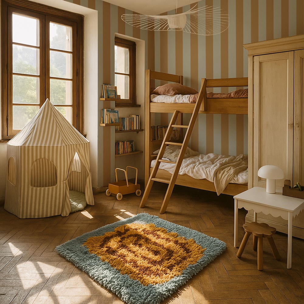 Streifentapete in Blau- und Grüntönen